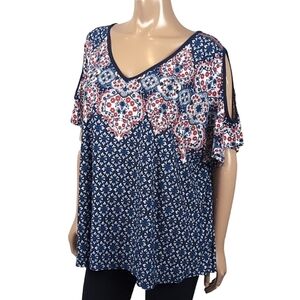 3/$20 Cold Shoulder Vneck Blouse Short Sleeve Top Mosaic Boho Stretchy Plus Size